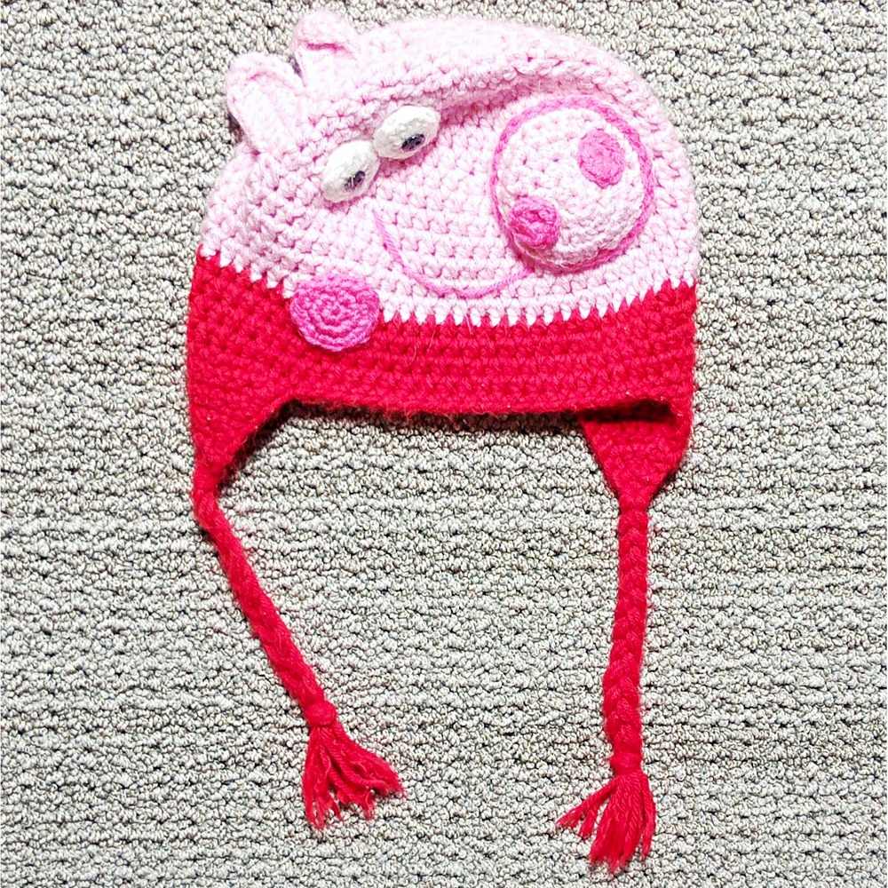 Peppa Pig Crochet Aviator/Pilot Ear Flap Hat, Pink/Red Colorblock Tassels Vin#C4